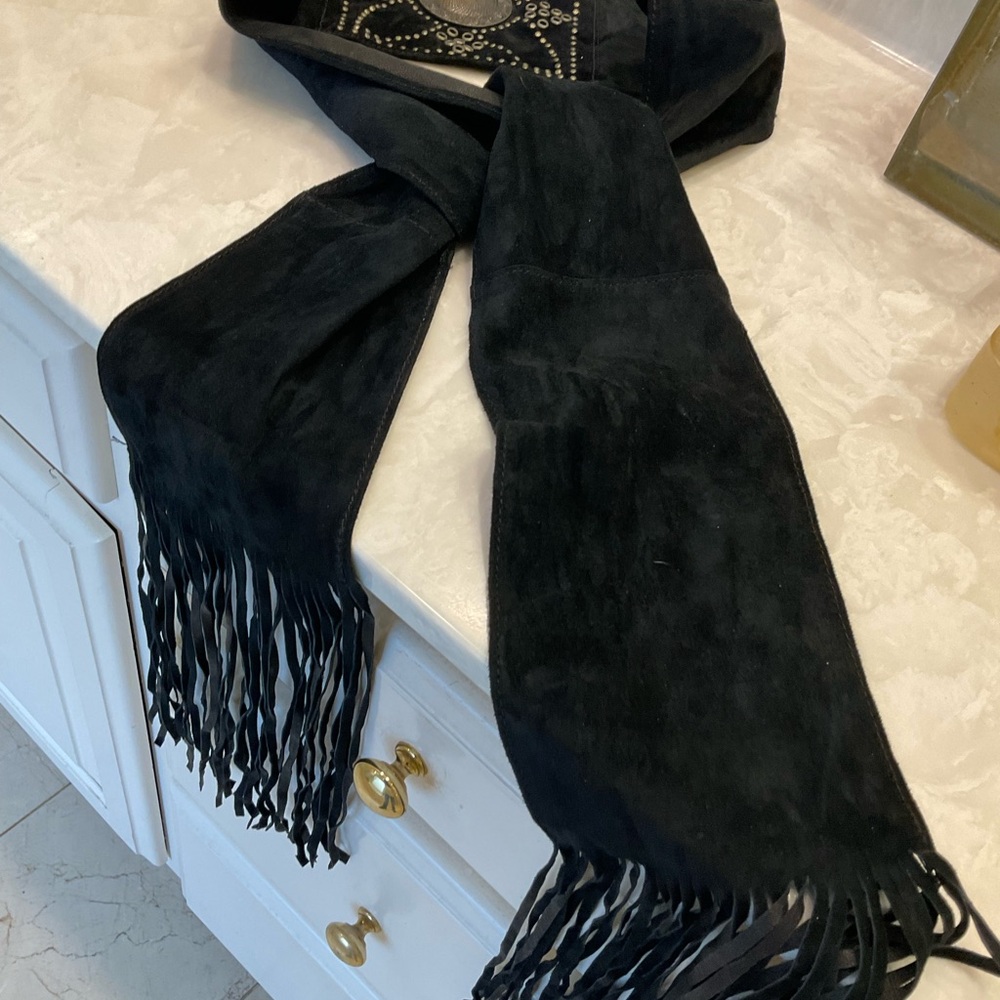 Black suede tie belt with gold stud work and fringe by (N)ine, Handmade, NWOT - Picture 10 of 10